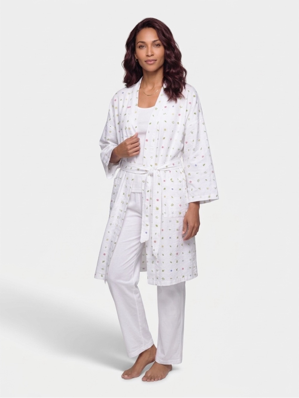 Garnet Hill Women's White Floral Cotton Robe - Lightweight Wrap with Belt